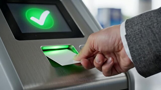 Macro Shot of a Hand Inserting a Card into a Payment Kiosk at a Toll Plaza, Showcasing Urban Transaction Technology
