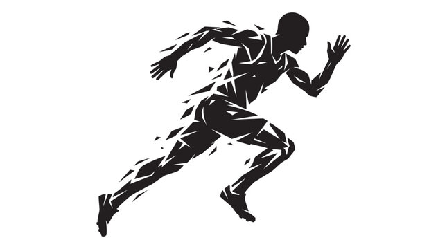 Running man figure with fragmented form black and white silhouette