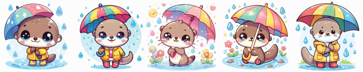 Vector of a cute cartoon otter character holding an umbrella in the rain © FirdianKrisna