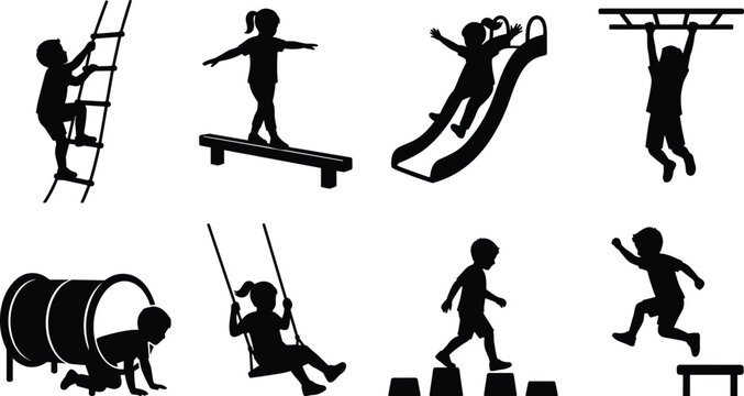 Children Playground Equipment Silhouette Collection Featuring Climbing, Balancing, Sliding, Swinging, Crawling, Jumping, and Monkey Bars