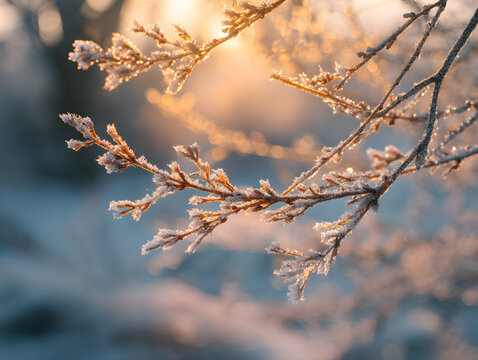 Close up of icy frost covering tree twig against warm winter sunset background