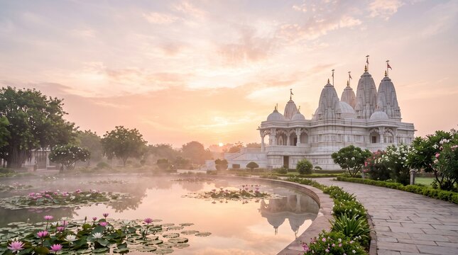 Paryushana Parva, pristine white marble temple beneath glowing sunrise with lotus pond and gentle mist