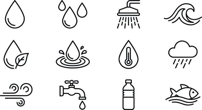 Water line icons set vector outline illustration featuring droplet rain shower wave tap bottle thermometer leaf wind cloud and fish symbols.