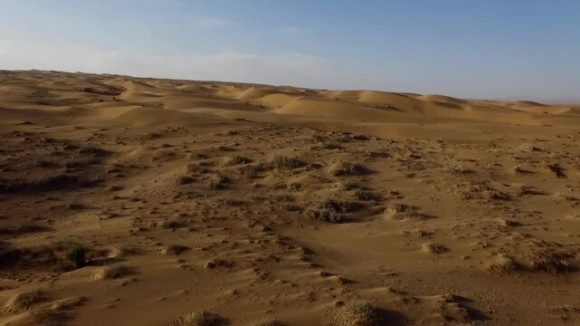 Aerial video showing desert plain with vehicle tracks and open space.
