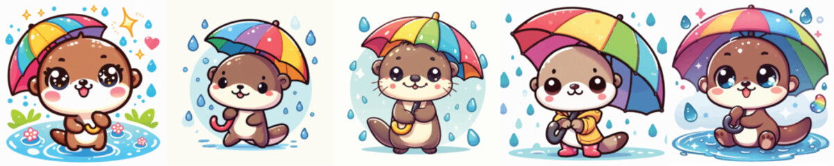 Vector of a cute cartoon otter character holding an umbrella in the rain © FirdianKrisna
