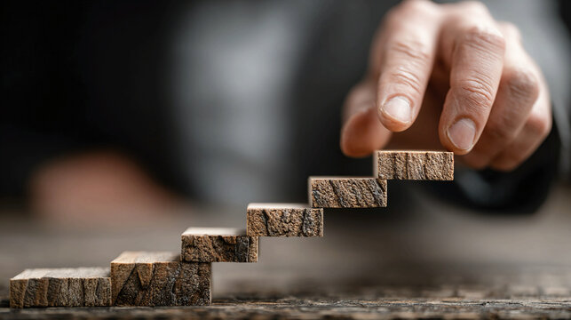 Businessman arranging wooden blocks showing path from idea to success symbolizing strategy growth achievement planning career advancement step-by-step goals and corporate motivation