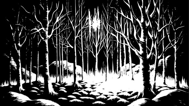 Black and white forest, moonlit trees, snowy landscape, vector illustration