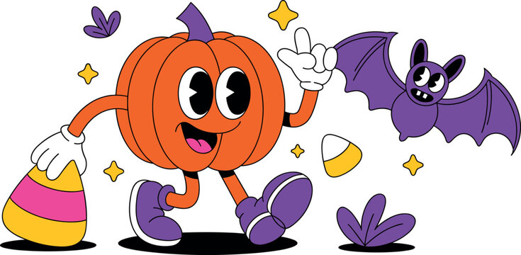 Retro trendy Halloween vector cartoon illustration with walking pumpkin character flying bat and sweet candy corn elements