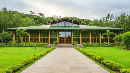Fototapeta premium Modern wooden building with large windows surrounded by greenery and lawn