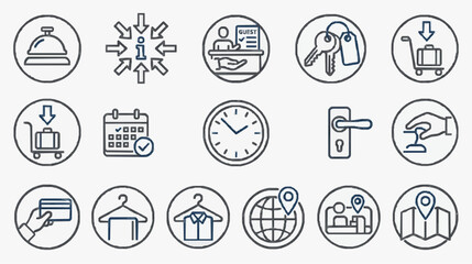 Fototapeta premium Dynamic Black and White Line Icons Set Featuring Hotel and Travel Related Symbols for Web and App Design