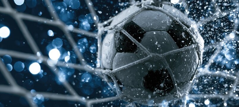 Dynamic close-up of a soccer ball in a net, with water splashes and bokeh lights