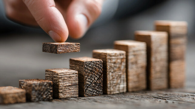 Businessman arranging wooden blocks showing path from idea to success symbolizing strategy growth achievement planning career advancement step-by-step goals and corporate motivation