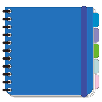 Vibrant blue spiral notebook template with colorful index tabs and copy space