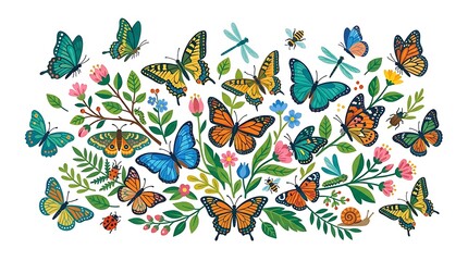 Obraz premium Colorful butterfly collection with floral elements and insects