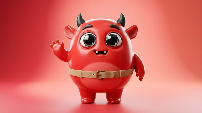 Cute cartoon red devil character waving hello on soft pink background with character, greeting