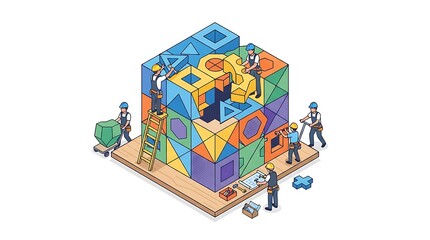 Fototapeta premium People building colorful geometric cube structure with tools