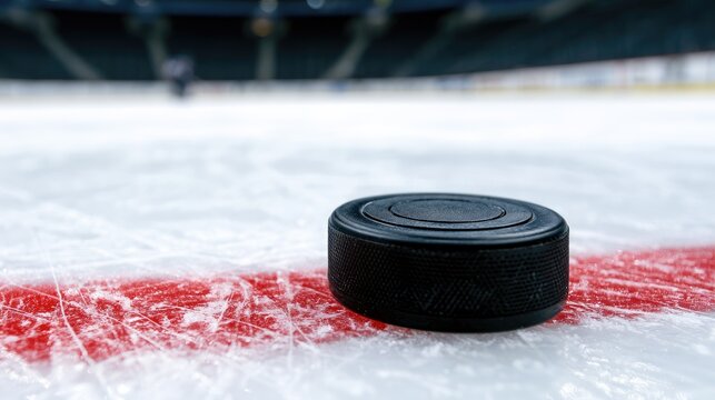 A black hockey puck sits on the ice near a red line in an arena