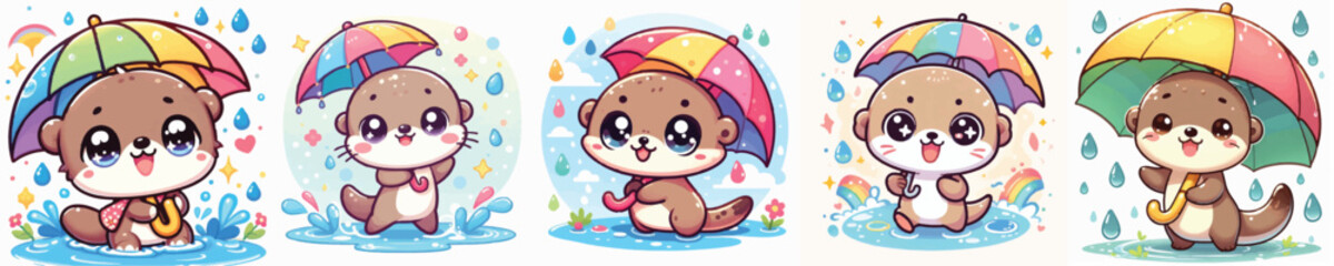 Vector of a cute cartoon otter character holding an umbrella in the rain © FirdianKrisna