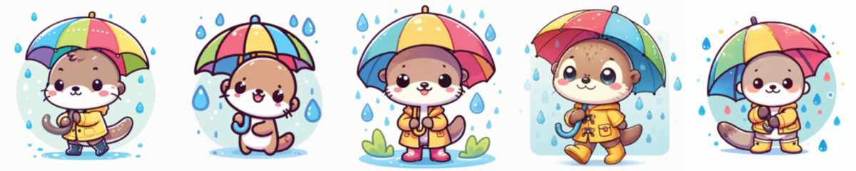 Vector of a cute cartoon otter character holding an umbrella in the rain © FirdianKrisna