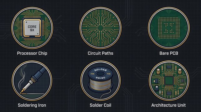 Electronic components including a processor chip, circuit paths, bare PCB, soldering iron, and solder coil are displayed.