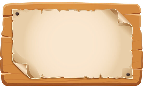 Blank Rustic Wooden Sign with Old Paper Scroll. Vintage Message Board Template for Menu, Announcement & Text Background