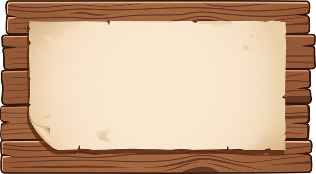 Blank Rustic Wooden Signboard with Old Paper Scroll for Custom Message, Menu, or Announcement Template