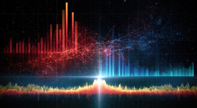 Vibrant digital spectrum analysis with red and blue hues on dark background