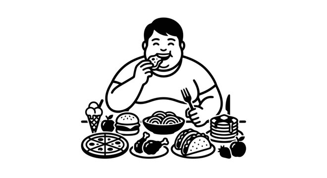 Man eating a variety of foods.