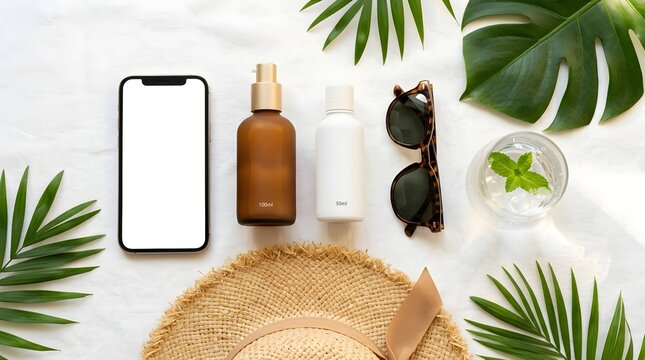 Summer vacation flat lay with sunscreen sunglasses straw hat blank smartphone screen, vacation