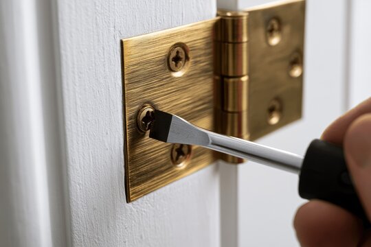 Hand tightening screws on a brass door hinge against a white frame