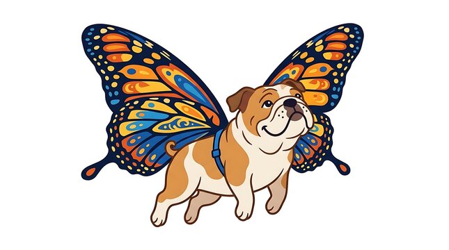Dog with butterfly wings on white background