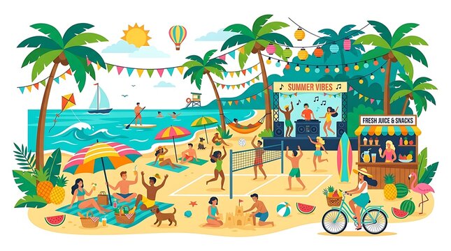 Tropical beach party scene with people enjoying summer activities and music