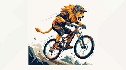 Obraz premium Powerful Lion Athlete Competing in Mountain Bike Downhill Race on Forest Trail