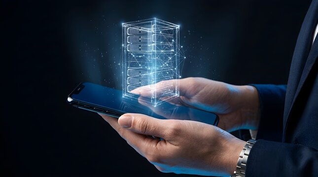 Businessman managing server network data with holographic digital interface on smartphone, hologram