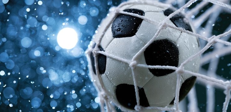 A close-up view of a wet soccer ball caught in a net with bokeh lights in background