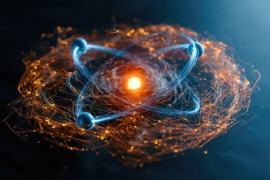 Glowing atomic structure with orbiting electrons and energy particles