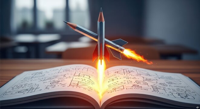 Pencil rocket launching with fire from mathematics workbook in classroom