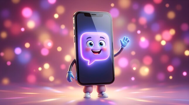 Smartphone character mascot with chat bubble face on screen waving hello on bokeh background