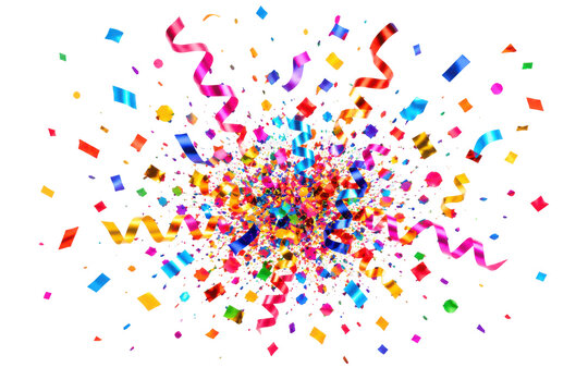 Vibrant colorful confetti and ribbons explode in air at celebration