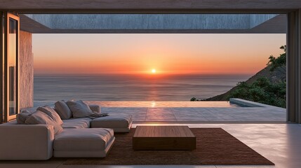 Fototapeta premium Modern living room opens to ocean sunset and infinity pool view
