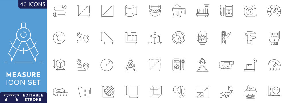 Measure icon set. Containing scale, ruler, size, dimension, temperature, gauge Etc. Fully Editable. Vector illustration