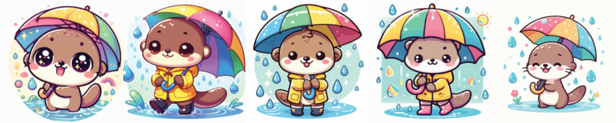 Vector of a cute cartoon otter character holding an umbrella in the rain © FirdianKrisna