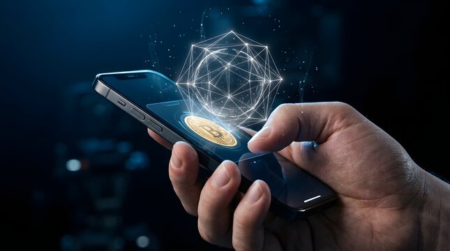 User interacting with blockchain crypto currency hologram on smartphone screen, cryptocurrency