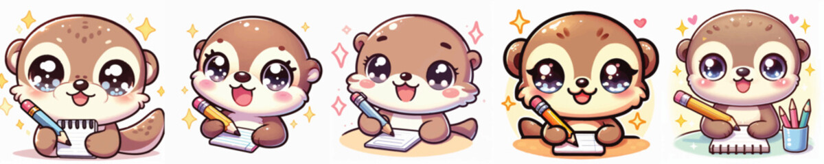 Vector of a cute cartoon otter character holding a pencil © FirdianKrisna