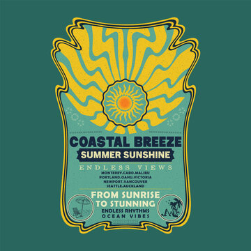 Coastal Breeze Summer Sunshine Retro Art Nouveau T-Shirt Design With Groovy Wavy Sunburst Illustration