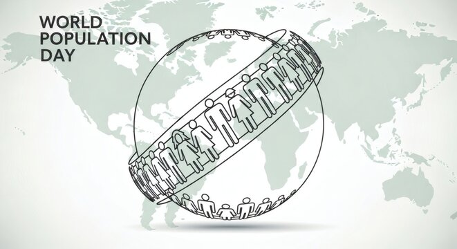 Illustration for World Population Day featuring a globe encircled by a ring of stylized people against a world map background.