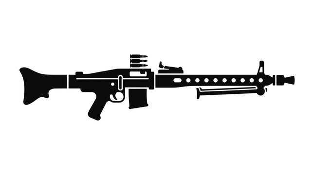 Machine Gun Silhouette Icon, Military Weapon Vector Art