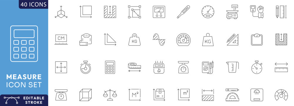 Measure icon set. Containing scale, ruler, size, dimension, temperature, gauge Etc. Fully Editable. Vector illustration