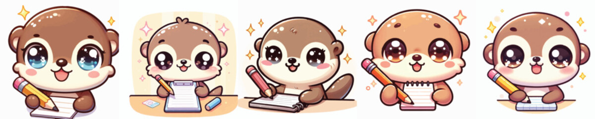 Vector of a cute cartoon otter character holding a pencil © FirdianKrisna