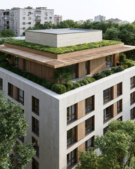 Fototapeta premium Modern building features green rooftop gardens. Wooden accents contrast with concrete structure. Trees surround the building in urban setting. Natural lighting enhances architectural design